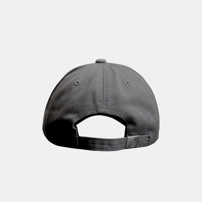  Back view of grey distressed baseball cap with adjustable strap