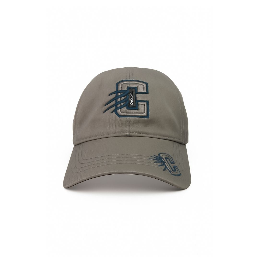 Men’s grey baseball cap front view with embroidered letter G logo and curved brim casual cotton hat
