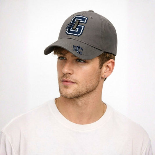 Men’s grey baseball cap front view with embroidered letter G logo and curved brim casual hat