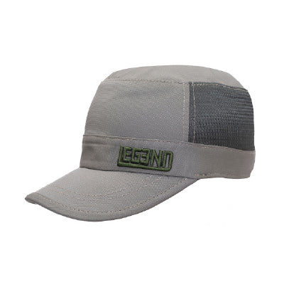 Side view of grey mesh cap with patch detail and ventilation

