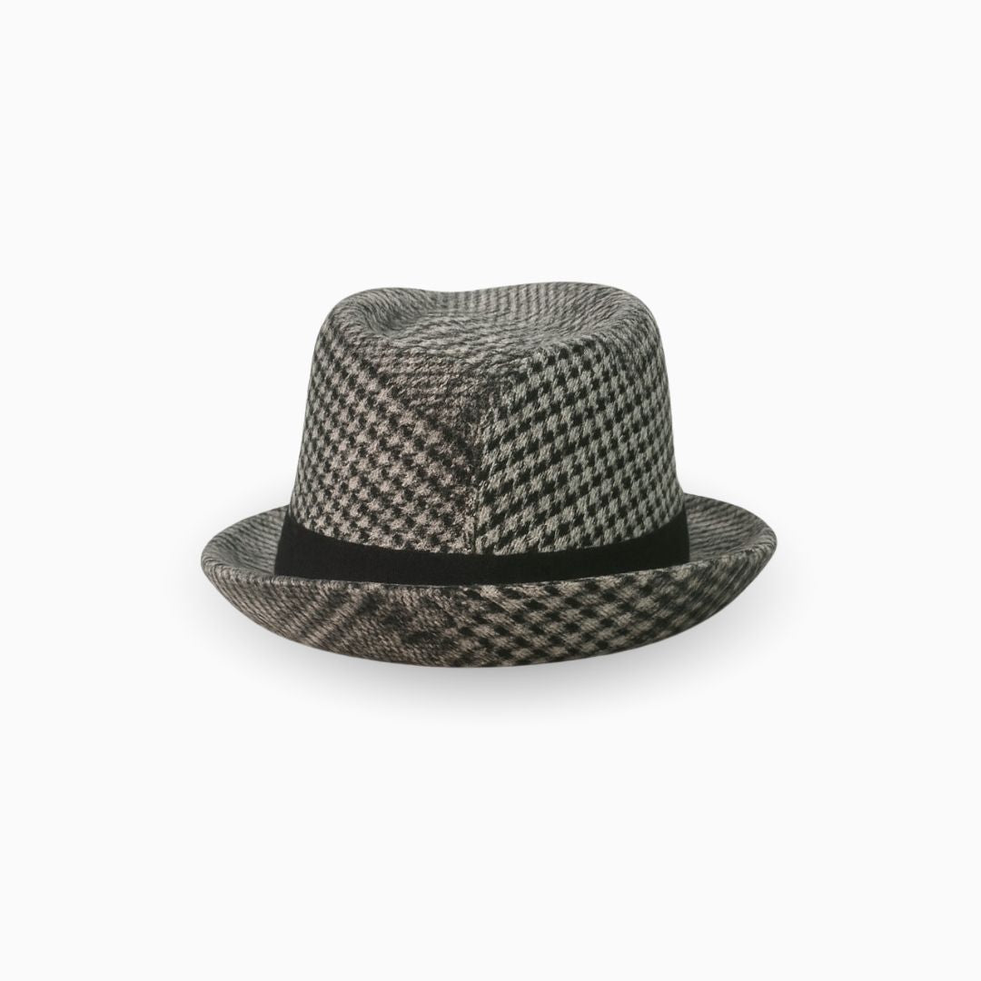 Back view of heritage plaid fedora hat with structured design and elegant finish