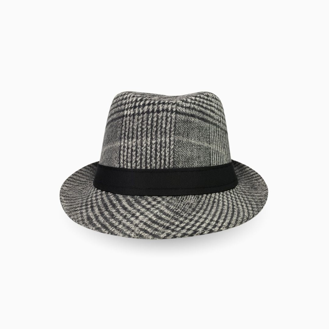 Men’s heritage plaid fedora hat front view with classic structured design and vintage style

