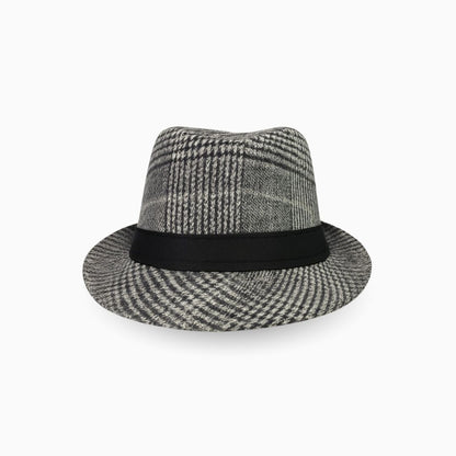 Men’s heritage plaid fedora hat front view with classic structured design and vintage style

