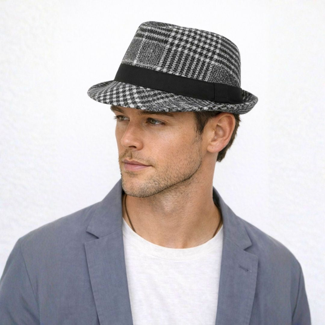 Men’s heritage plaid fedora hat front view with classic structured design and vintage style