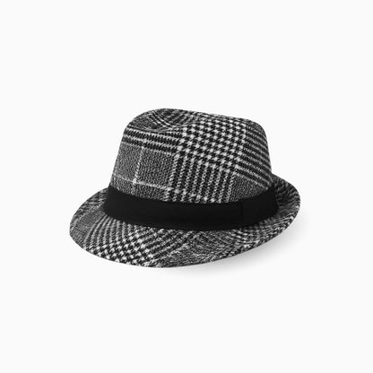Side view of heritage plaid fedora hat with classic brim and vintage formal style