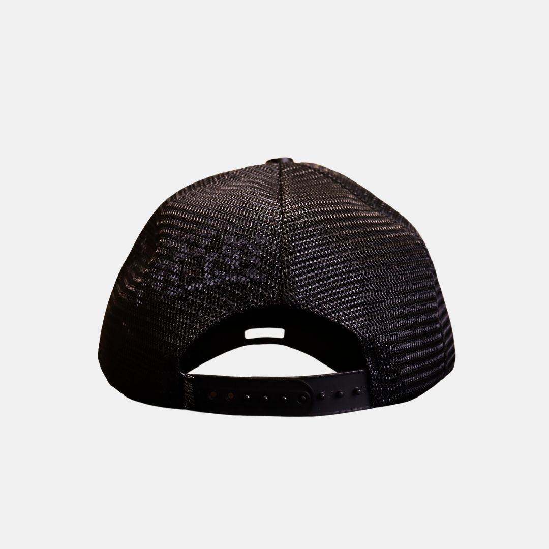 Back view of Lone Wolf trucker cap with mesh panels and snapback