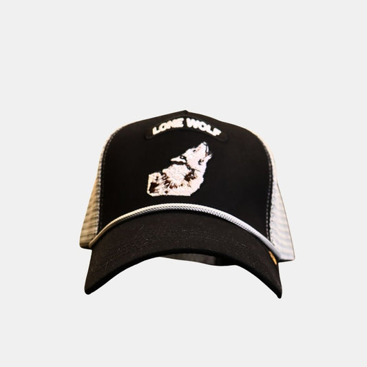 Men’s Lone Wolf mesh trucker cap front view bold design