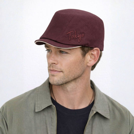Men’s maroon Tokyo cap front view with embroidered logo and short brim military style
