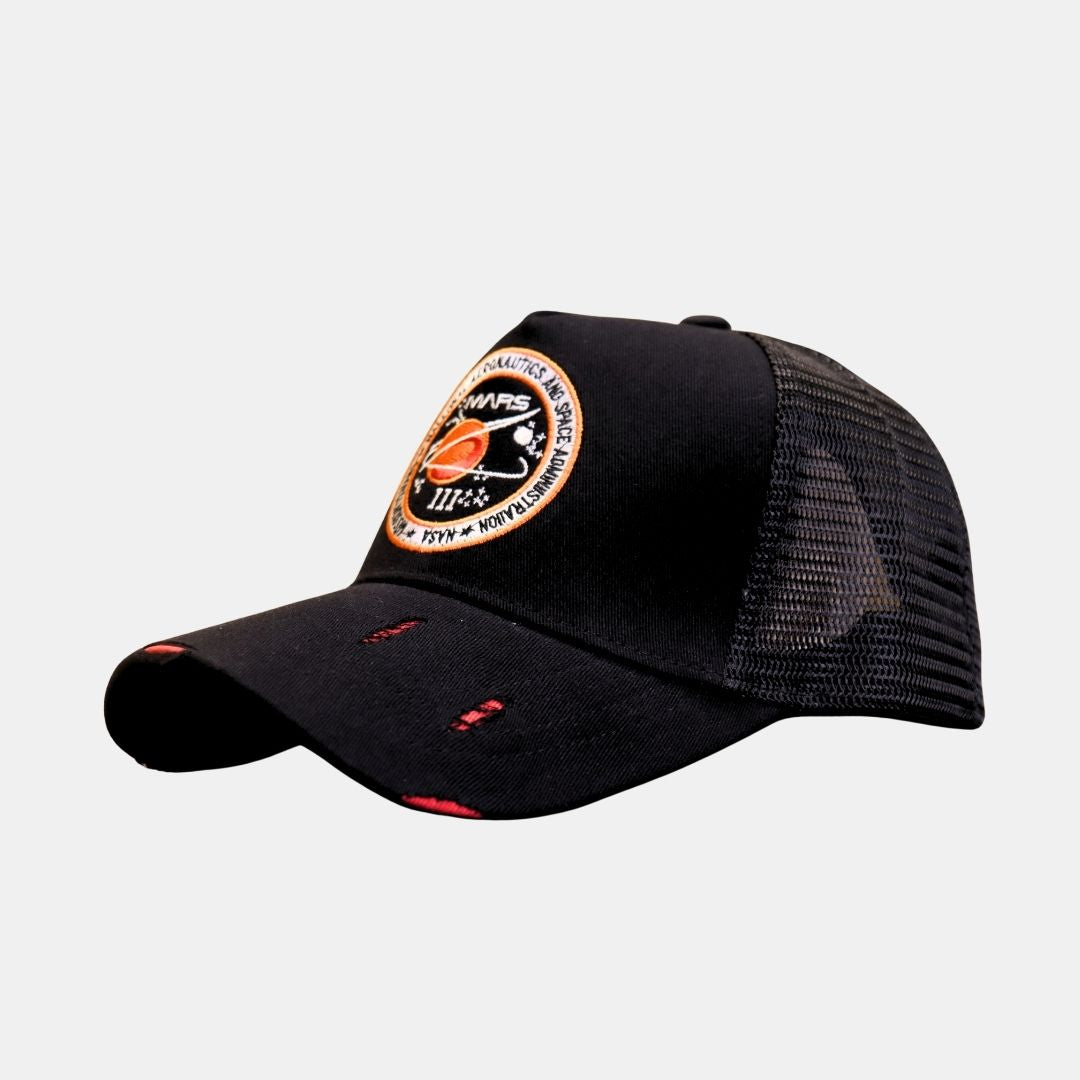 Side view of black Mars Mission embroidered baseball cap