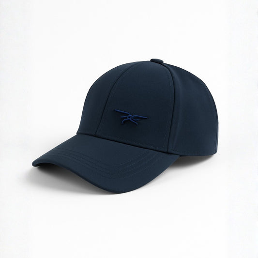Side view of navy Aero performance cap with breathable fabric and curved brim for running and sports

