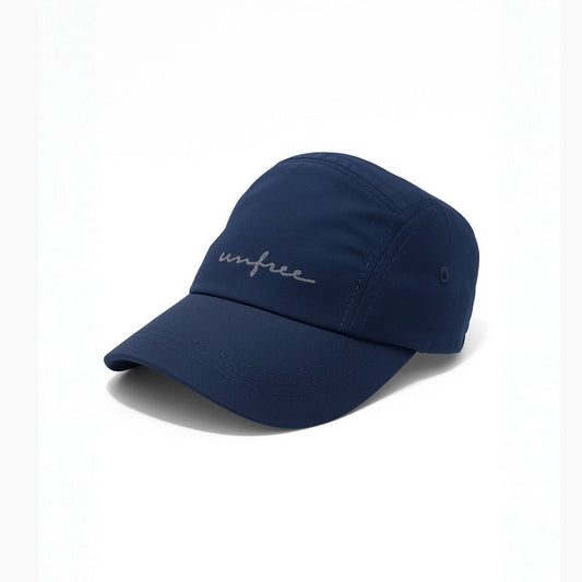 Side view of navy sports cap with lightweight fabric and curved brim for running and outdoor use