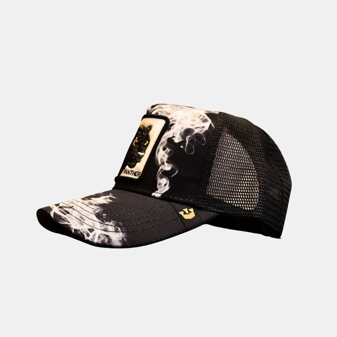 Side view of panther smoke graphic mesh trucker cap