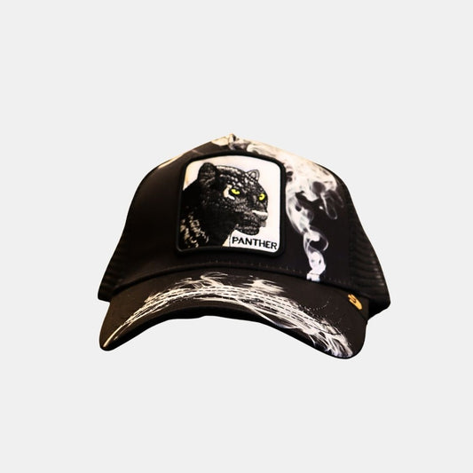 Men’s panther smoke graphic trucker cap front view bold design