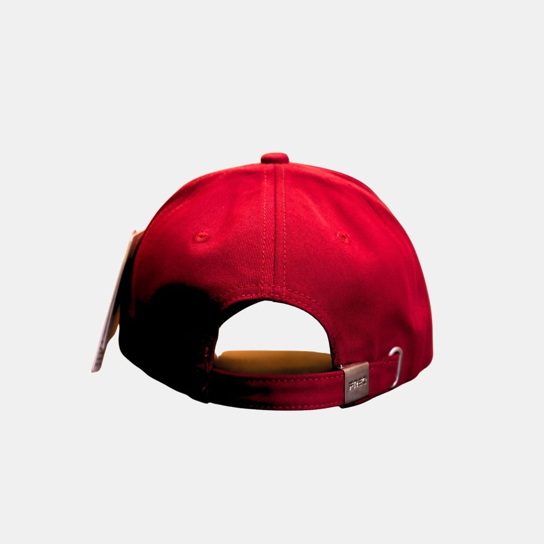 Back view of red baseball cap with adjustable strap