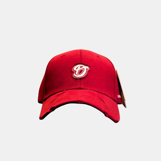 Men’s red D logo embroidered baseball cap front view bold design