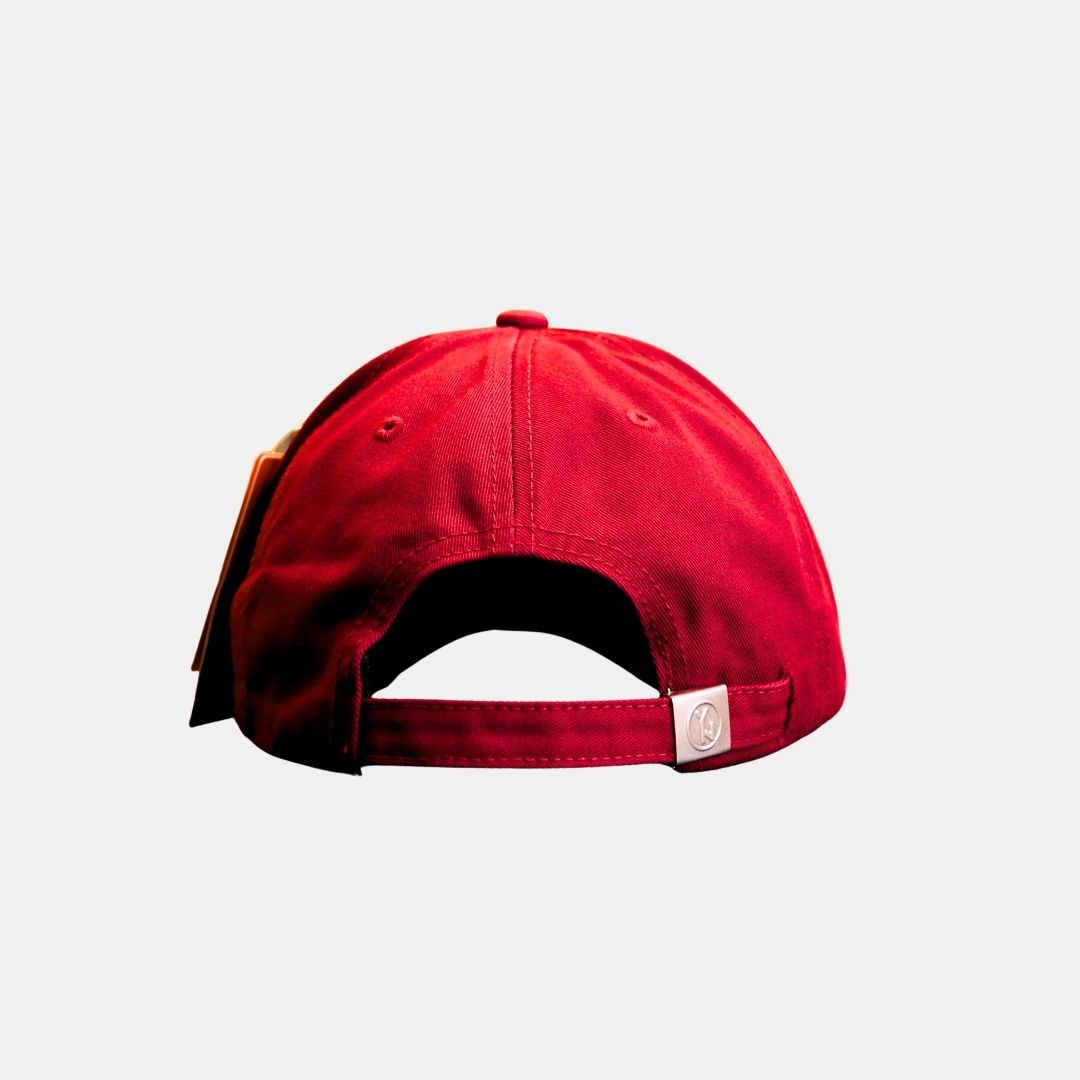 Back view of red distressed baseball cap with adjustable strap