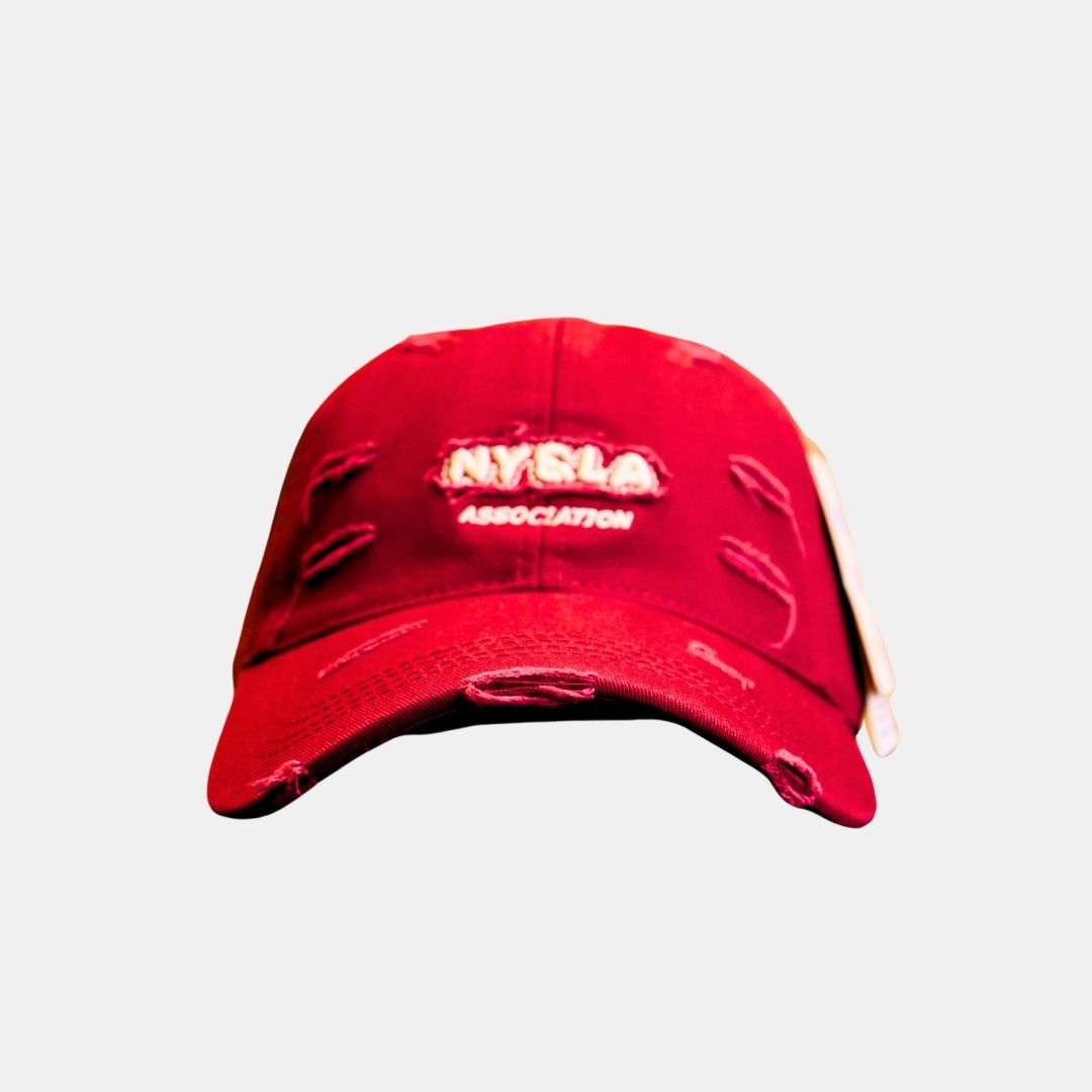 Men’s red distressed embroidered baseball cap front view