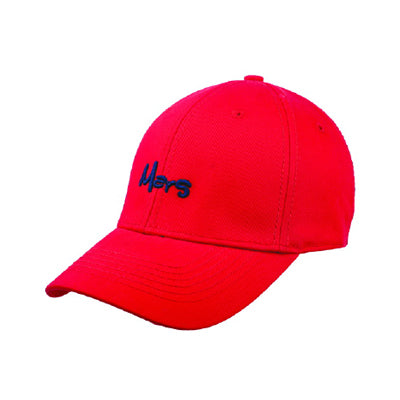 Men’s red embroidered baseball cap front view with curved brim