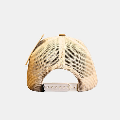 Back view of rhino patch trucker cap with mesh panels and snapback