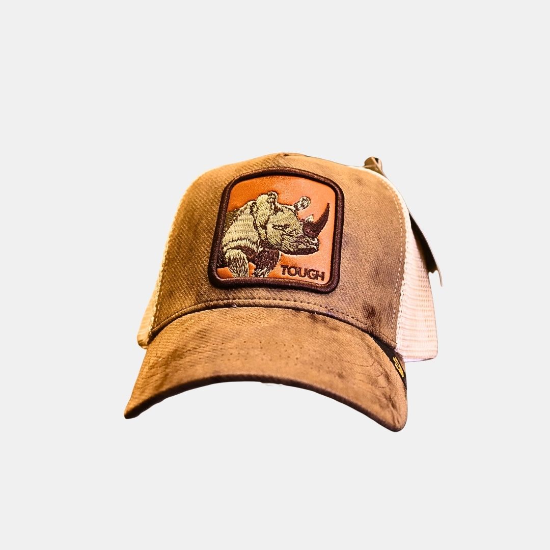 Men’s rhino patch trucker cap front view bold outdoor design