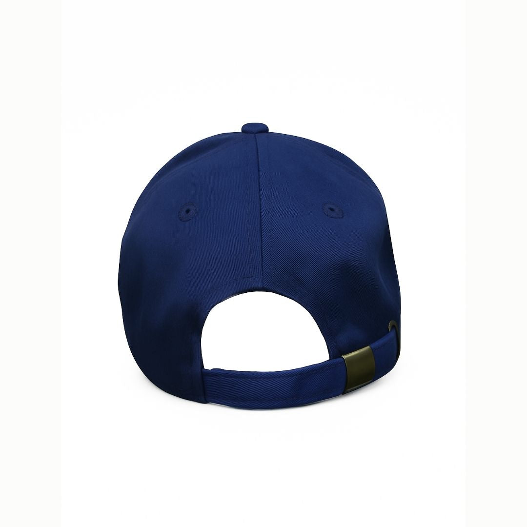 Back view of royal script two-tone baseball cap with adjustable strap and embroidered design

