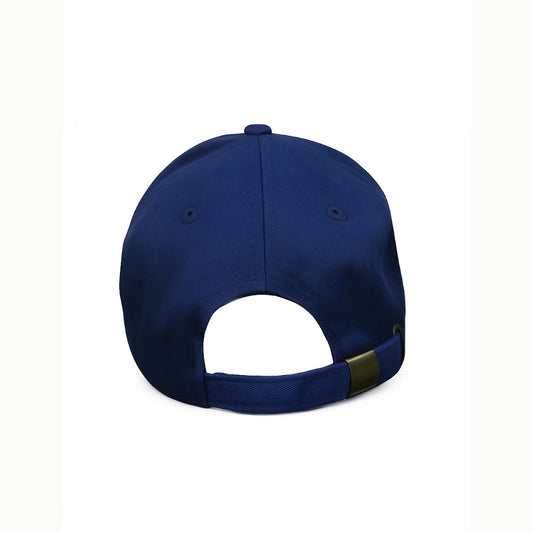 Back view of royal script two-tone baseball cap with adjustable strap and embroidered design

