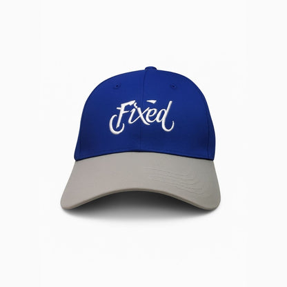 Men’s royal script two-tone baseball cap front view with fixed embroidery logo and curved brim

