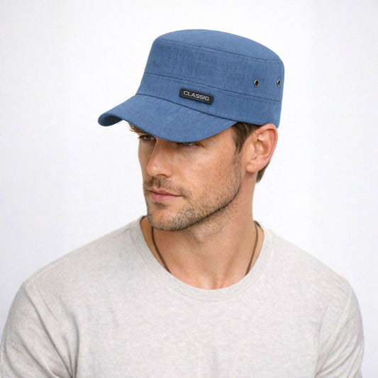 Men’s steel blue cadet cap front view with structured military design and short brim casual hat