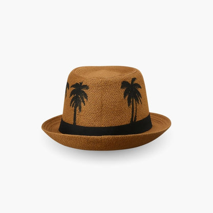 Back view of men’s tan brown straw fedora cap with breathable straw design and black band