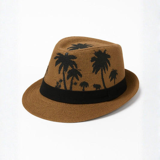 Men’s tan brown straw fedora cap front view with black band and palm print summer hat