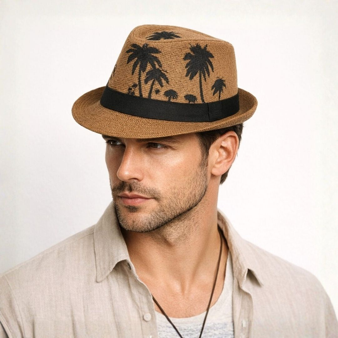 Men’s tan brown straw fedora cap with black band and palm tree print, stylish summer beach hat