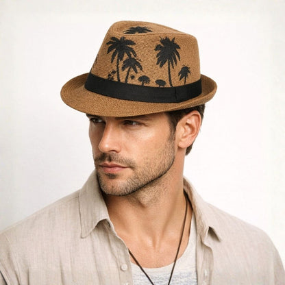 Men’s tan brown straw fedora cap with black band and palm tree print, stylish summer beach hat