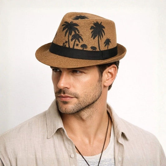 Men’s tan brown straw fedora cap with black band and palm tree print, stylish summer beach hat
