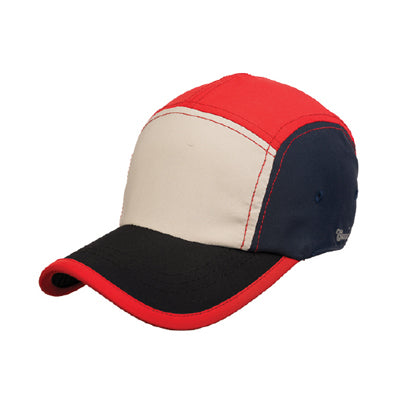 Men’s tri-color sports cap front view with multi-color design