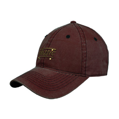 Men’s vintage maroon embroidered baseball cap front view with curved brim