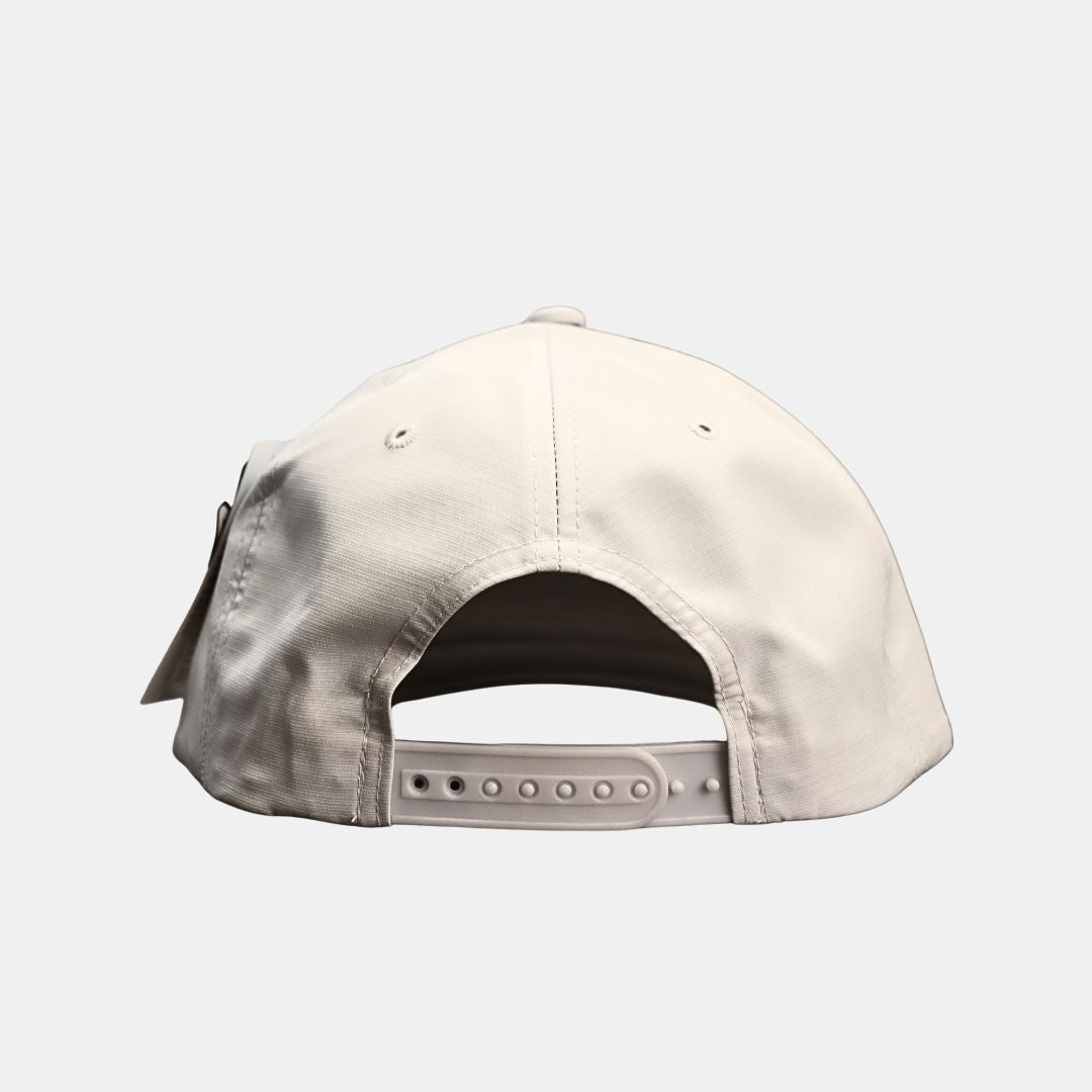 Back view of white baseball cap with adjustable strap