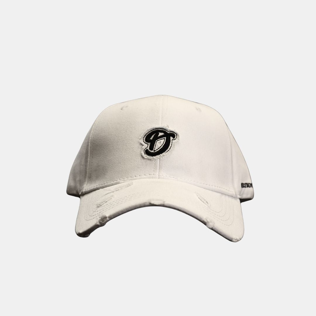 Men’s white D logo embroidered baseball cap front view clean design