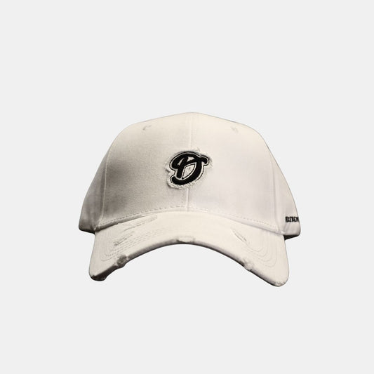 Men’s white D logo embroidered baseball cap front view clean design