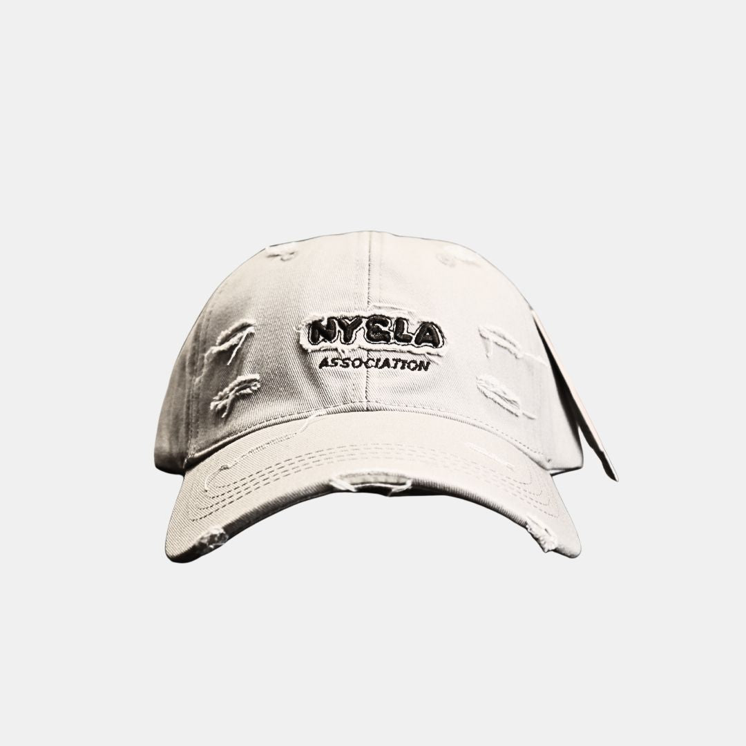 Men’s white distressed embroidered baseball cap front view