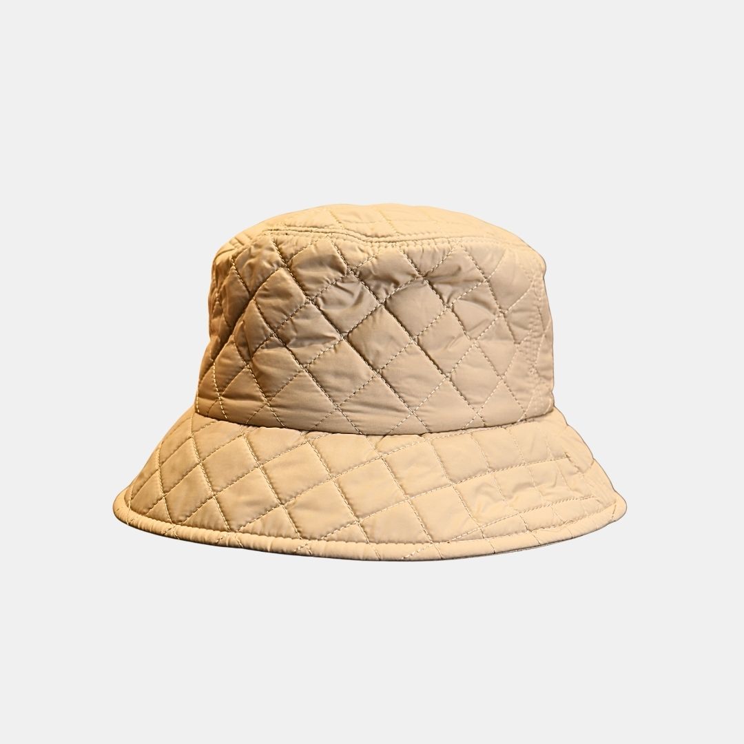 Back view of women’s beige quilted bucket hat comfortable fit

