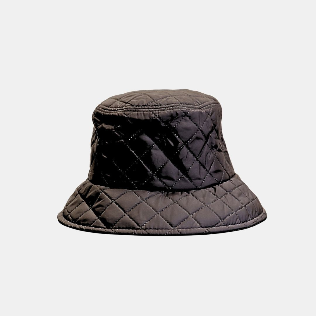 Back view of women’s black quilted bucket hat comfortable fit