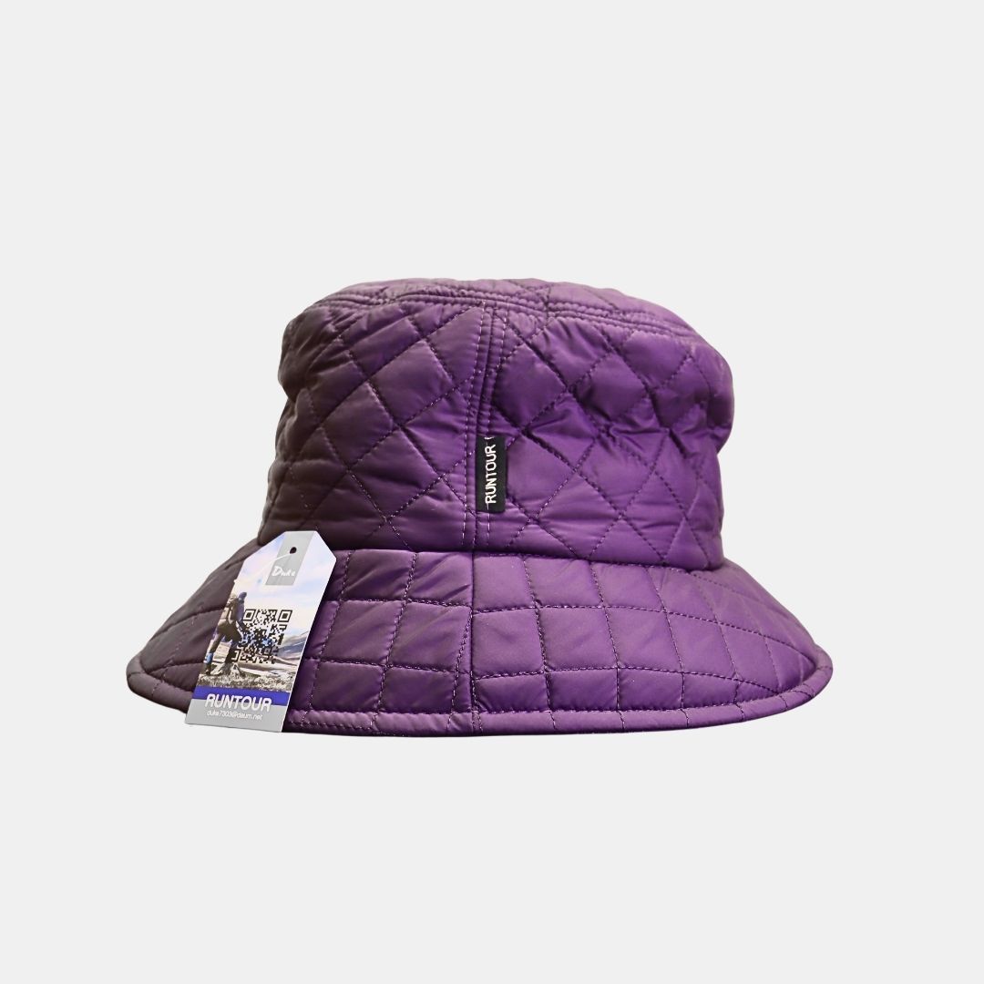 Side view of women’s purple quilted bucket hat textured style